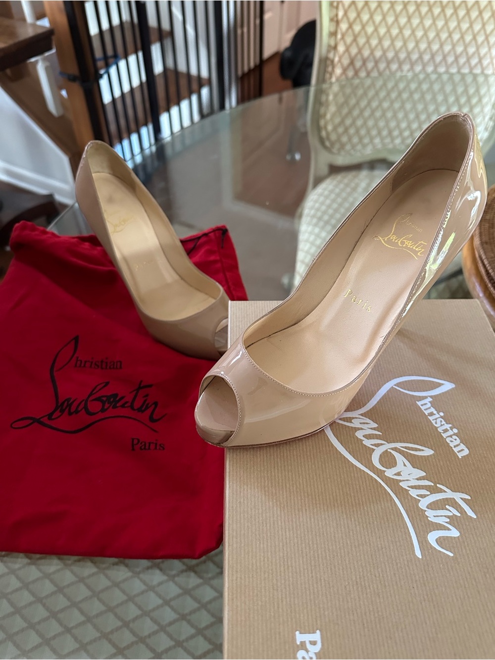 Christian Louboutin Beige Patent Peep-Toe Pumps